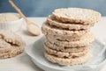 Plate with stack of crunchy rice cakes Royalty Free Stock Photo