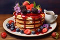 Plate with stack of pancakes with berries and fruits syrup. Close-up illustration. Generative AI