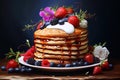 Plate with stack of pancakes with berries and maple syrup. Close-up illustration. Generative AI