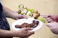 Plate with steak and vegetable skewer Royalty Free Stock Photo