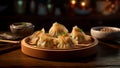 A plate of steaming dumplings on the table of Chinese restaurant. Generative AI Royalty Free Stock Photo