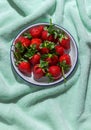 Plate with strawberries on a light green beach towel. Sunny day. Minimal flat lay. Royalty Free Stock Photo