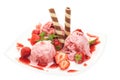Plate of strawberries, strawberry ice cream and decoration