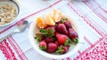 Breakfast on the table, juice, cereal and fruits in the sun. Goo Royalty Free Stock Photo