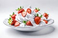 Plate of strawberries with whipped cream. White background