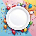 Plate surrounded with balloons. Birthday Concept