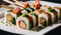 A plate of sushi with broccoli and carrots