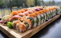 Plate with sushi buffet with shrimp, rolls, and rice as a symbol of gastronomic delight, cultural richness. AI Generated