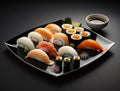 a plate of sushi with chopsticks and a cup of coffee on the side of the plate on a black surface wit Royalty Free Stock Photo