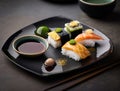 a plate of sushi with chopsticks and a cup of sauce on a table with chopsticks and a bowl of sauce. Royalty Free Stock Photo