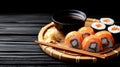 A plate of sushi with chopsticks and a cup of soy sauce, AI Royalty Free Stock Photo