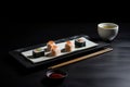 A plate of sushi with chopsticks and a cup of tea. AI generative image Royalty Free Stock Photo