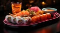 A plate of sushi and a drink