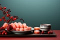 A plate of sushi next to a bowl of berries. AI. Royalty Free Stock Photo