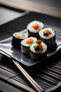 A plate of sushi with a pair of chopsticks Royalty Free Stock Photo