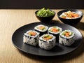 A plate of sushi with rice, salmon, and avocado. Royalty Free Stock Photo