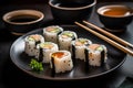 A plate of sushi rolls with soy sauce and wasabi, with chopsticks. Generative AI