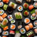 A plate of sushi rolls with soy sauce and wasabi1