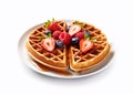 Plate with sweet belgian waffle and various berries topping on white background.Macro.AI Generative