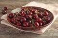 Plate with sweet red cherries on table Royalty Free Stock Photo