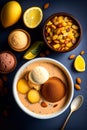 Plate on the table with ice cream, lemon and beans Royalty Free Stock Photo