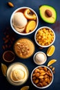 Plate on the table with ice cream, lemon and nuts and avocado. Royalty Free Stock Photo