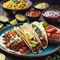 A plate of tacos with beans, tomatoes, onions, and guacamole on the table Royalty Free Stock Photo