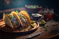 a plate of tacos with a lime and a bowl of salsa in the background on a wooden table with a knife and fork and spoon on it, and a Royalty Free Stock Photo