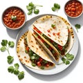 A plate of tacos with a side of beans on the table Royalty Free Stock Photo