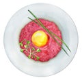 Plate with tasty beef tartare and microgreens