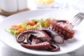 Plate with tasty boiled octopus tentacles and salad on white table, closeup Royalty Free Stock Photo