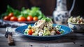 Plate with tasty chicken salad and measuring tape on wooden table, closeup, gnerative ai