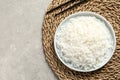 Plate of tasty cooked rice on table, flat lay Royalty Free Stock Photo