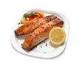 Plate with tasty cooked salmon