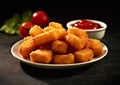 Plate with tasty crunchy chicken nuggets and tomato ketchup.Macro.AI Generative