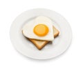 Plate with tasty fried egg in shape of heart and toast isolated on white Royalty Free Stock Photo