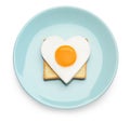 Plate with tasty fried egg in shape of heart and toast isolated on white, top view Royalty Free Stock Photo