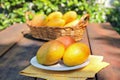 Plate with tasty mangoes on wooden table outdoors Royalty Free Stock Photo
