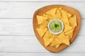 Plate with tasty Mexican nachos and guacamole sauce on white wooden table, top view. Space for text