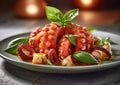 Plate with tasty octopus with basil on restaurant table.Macro.AI Generative