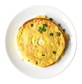 Plate with tasty omelette on white background, top view