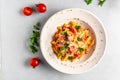 Plate with tasty penne pasta in tomato sauce, chicken meat and vegetables on grey table. italian penne pasta. banner, menu recipe Royalty Free Stock Photo