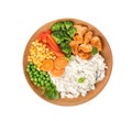 Plate with tasty rice, vegetables and meat on white background Royalty Free Stock Photo