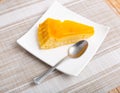 On plate is tasty sponge Catalan cream pie