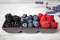 A plate with tasty summer juicy berries raspberries, blackberries, blueberries stands on a white wooden background. Royalty Free Stock Photo