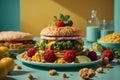 Plate with tasty vegetarian sandwich on table, closeup. Healthy plant-based food recipes.