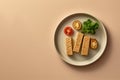 A plate of tempeh on a solid background, Generative AI