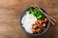 Plate of teriyaki chicken, broccoli and rice, top view Royalty Free Stock Photo
