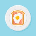 Plate with toasted bread, bacon strips and fried egg. Flat style vector illustration. Royalty Free Stock Photo