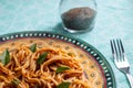 Pasta with tomato sauce and basil. Royalty Free Stock Photo